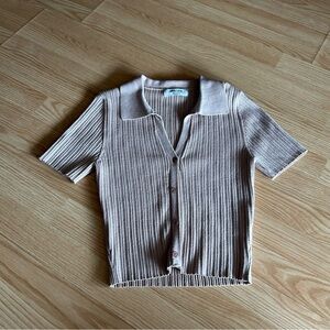 Double Zero Tan Ribbed Cropped Button Polo Top Medium